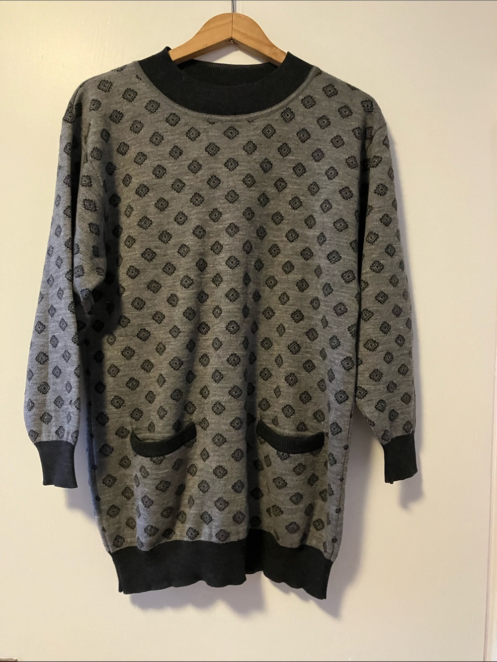 Mondi Vintage Grey Patterned Crewneck Sweater with Black Trim Wool Blend